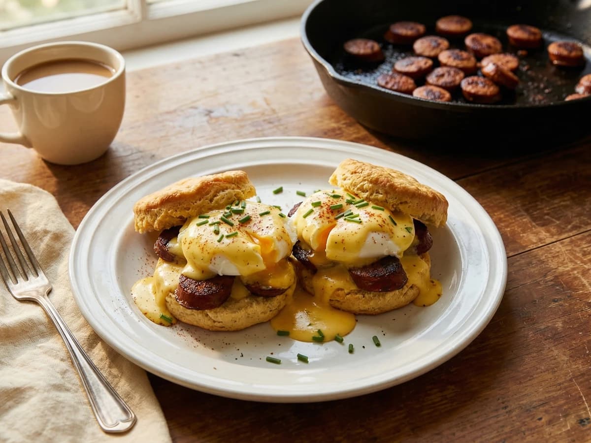 Cajun Eggs Benedict with Andouille - Chef Remy