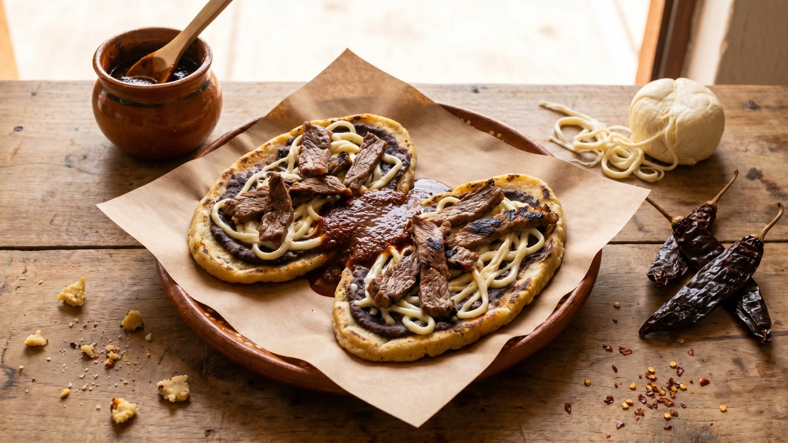 Memelas Oaxaqueñas con Tasajo y Quesillo