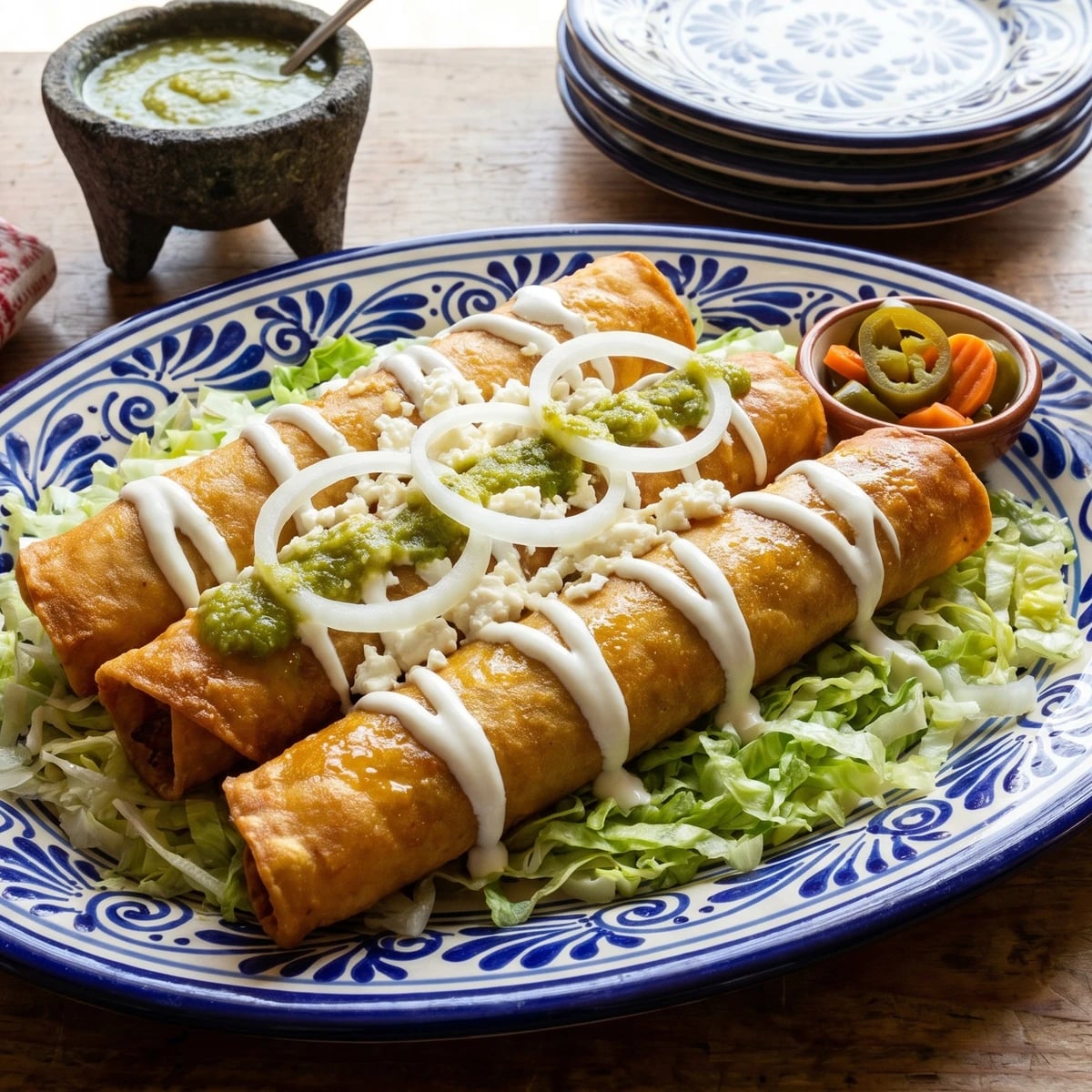 Flautas Doradas de Pollo con Crema y Queso