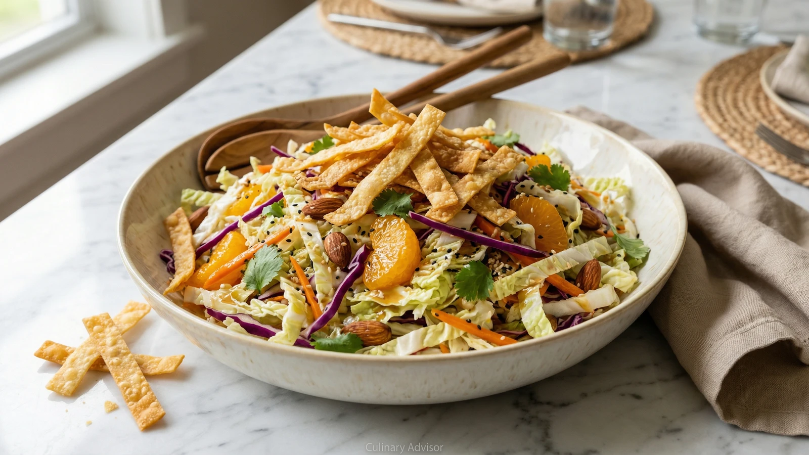 Asian Sesame Slaw with Crispy Wontons