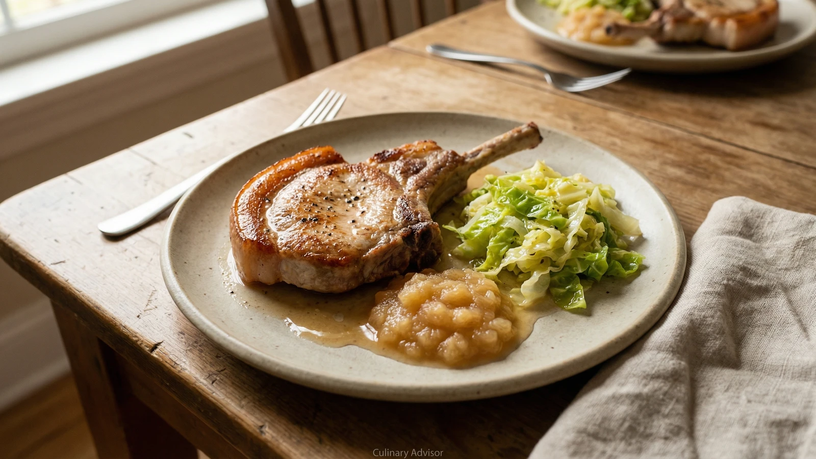 Pork Chops with Apple Sauce and Buttered Cabbage
