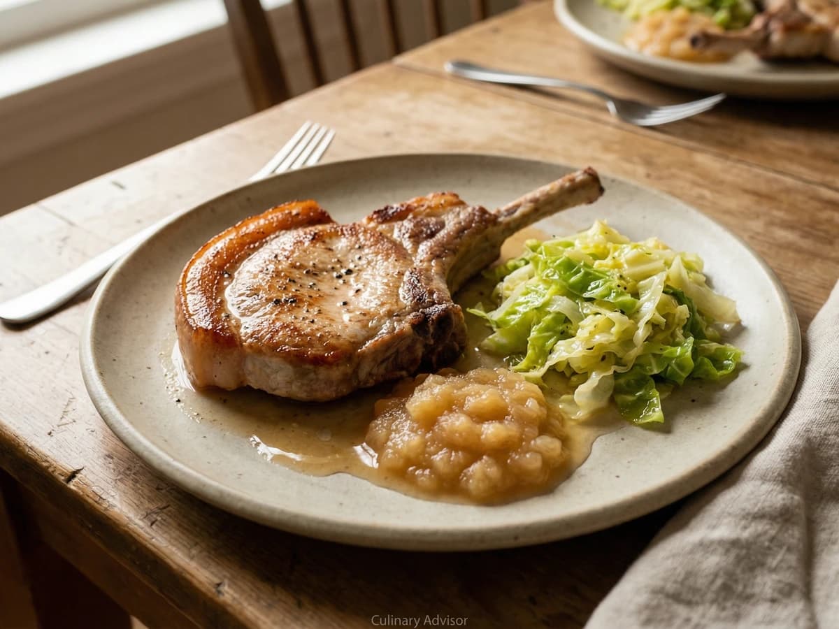 Pork Chops with Apple Sauce and Buttered Cabbage - Chef Thomas