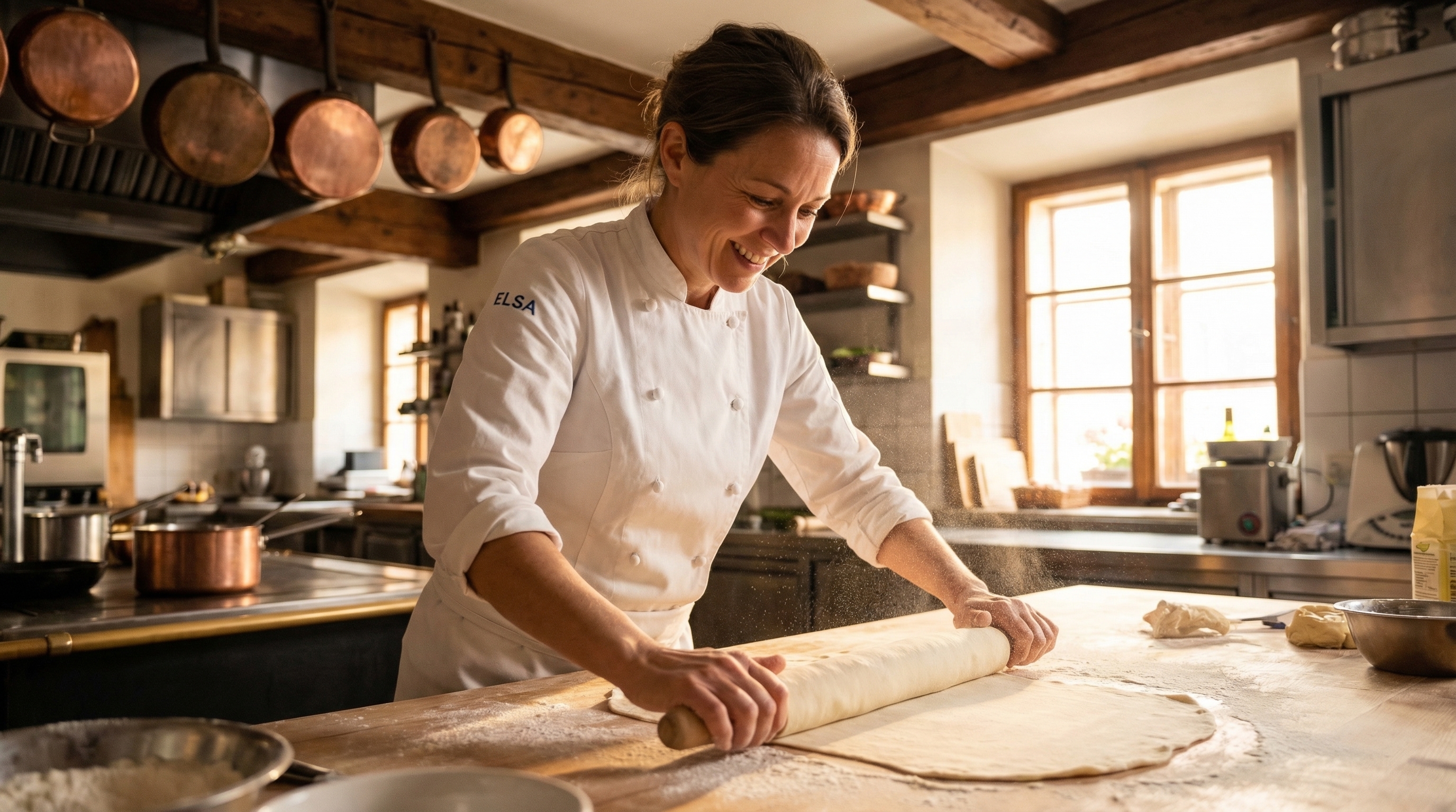 Chef Elsa rolling strudel dough in a copper-pot kitchen.