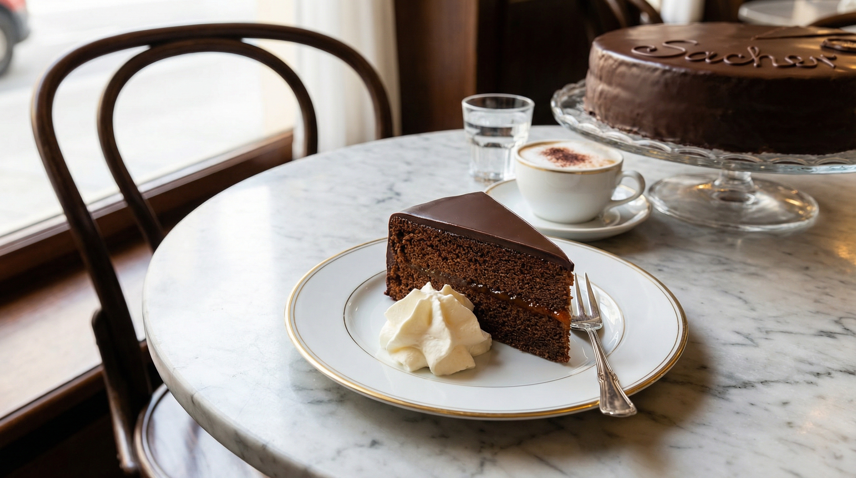 A slice of Sachertorte with whipped cream on a marble cafe table.